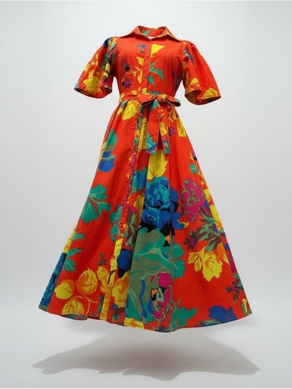 CHRISTOPHER JOHN ROGERS ✘ Target Red Floral Belted Shirt Dress Cotton Midi, S 0 - Picture 10 of 11